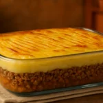 Prato de escondidinho de carne moída com purê de batata dourado, receita deliciosa.