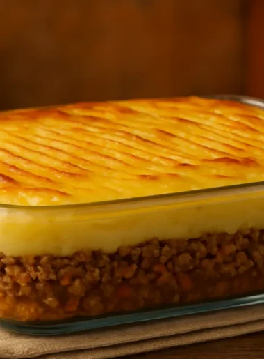 Prato de escondidinho de carne moída com purê de batata dourado, receita deliciosa.