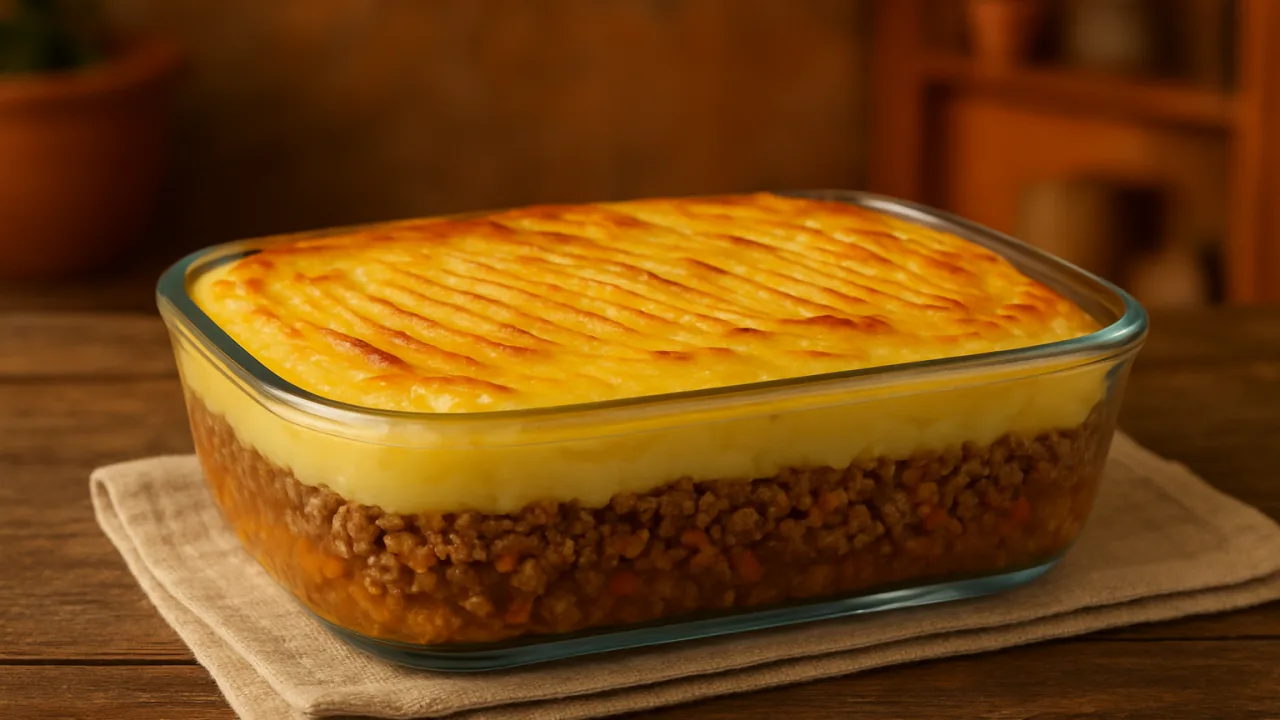 Prato de escondidinho de carne moída com purê de batata dourado, receita deliciosa.