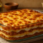 Travessa de lasanha de carne moída com molho branco e queijo gratinado em cozinha simples.