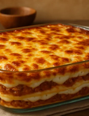 Travessa de lasanha de carne moída com molho branco e queijo gratinado em cozinha simples.