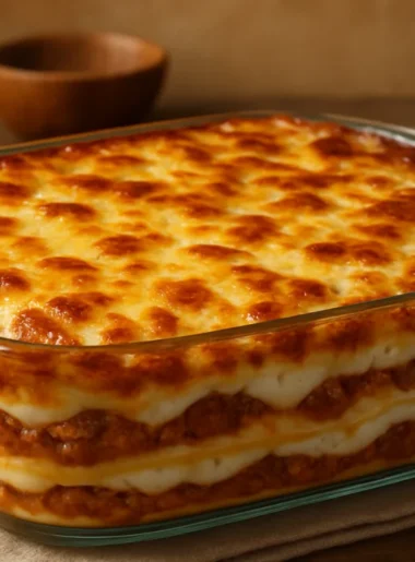 Travessa de lasanha de carne moída com molho branco e queijo gratinado em cozinha simples.