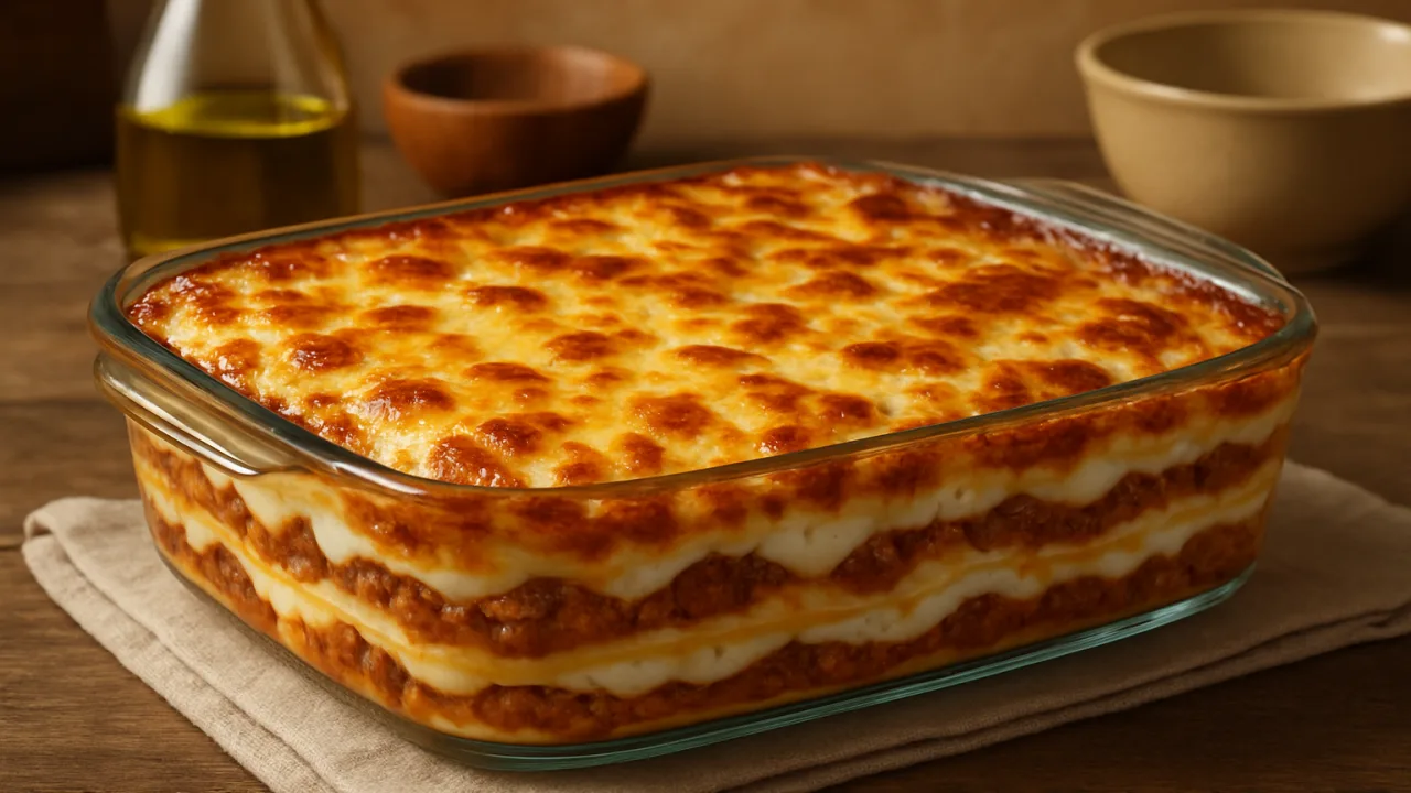 Travessa de lasanha de carne moída com molho branco e queijo gratinado em cozinha simples.