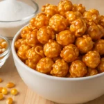 Tigela de pipoca doce caramelizada, dourada e brilhante, ideal para aprender como fazer pipoca doce com açúcar.