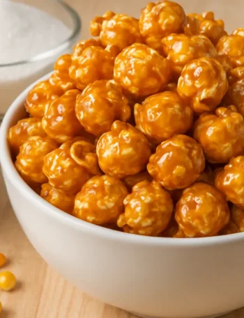 Tigela de pipoca doce caramelizada, dourada e brilhante, ideal para aprender como fazer pipoca doce com açúcar.