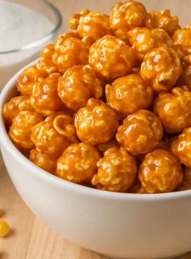 Tigela de pipoca doce caramelizada, dourada e brilhante, ideal para aprender como fazer pipoca doce com açúcar.