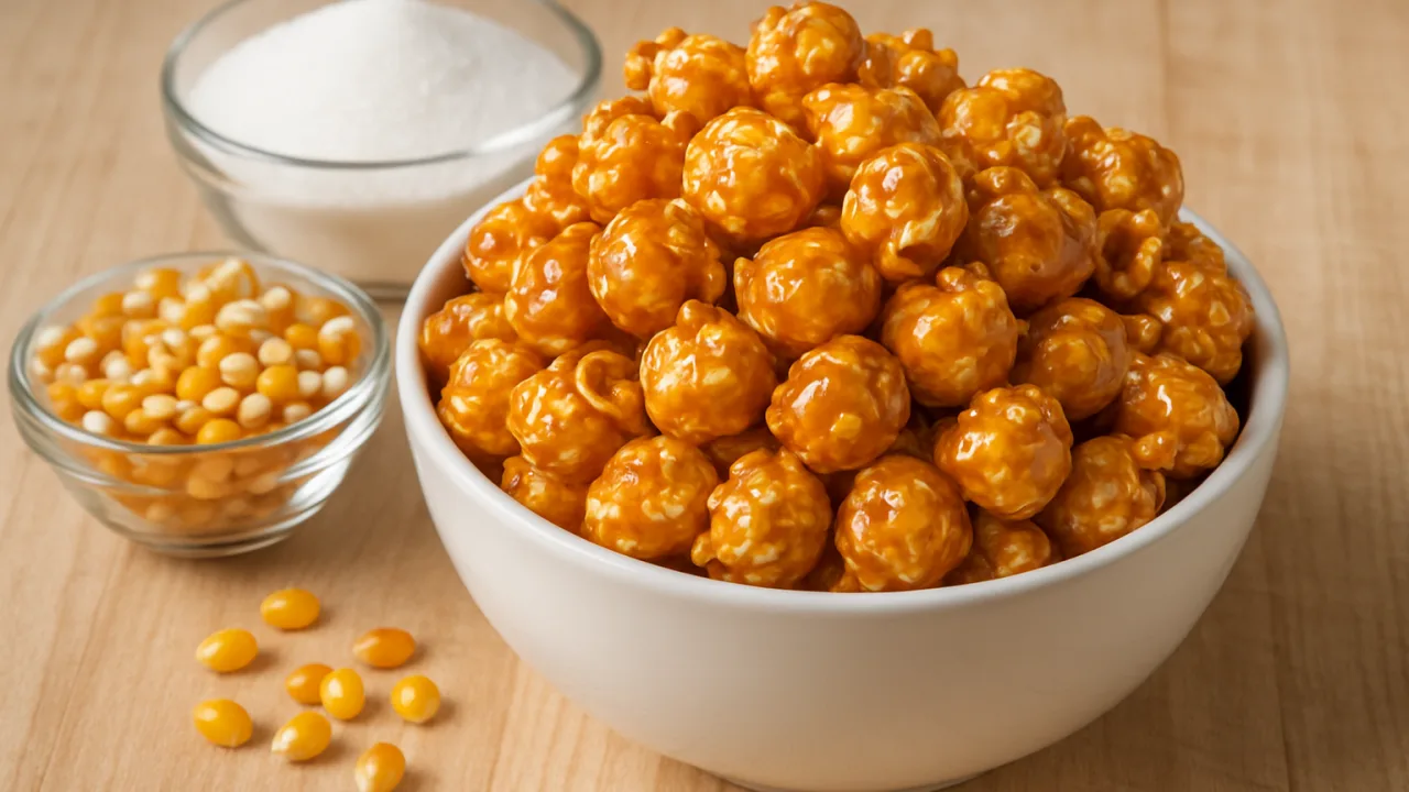 Tigela de pipoca doce caramelizada, dourada e brilhante, ideal para aprender como fazer pipoca doce com açúcar.