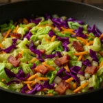 Repolho verde e roxo refogado com cenoura, cebola e bacon crocante em frigideira - como fazer repolho refogado.