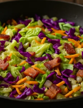 Repolho verde e roxo refogado com cenoura, cebola e bacon crocante em frigideira - como fazer repolho refogado.