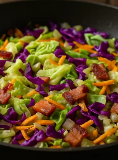 Repolho verde e roxo refogado com cenoura, cebola e bacon crocante em frigideira - como fazer repolho refogado.
