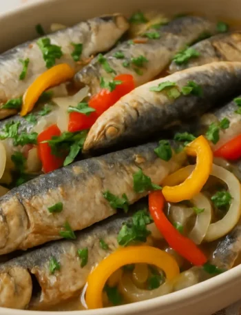 Como fazer sardinha na panela de pressão com cebola e pimentão em travessa caseira.