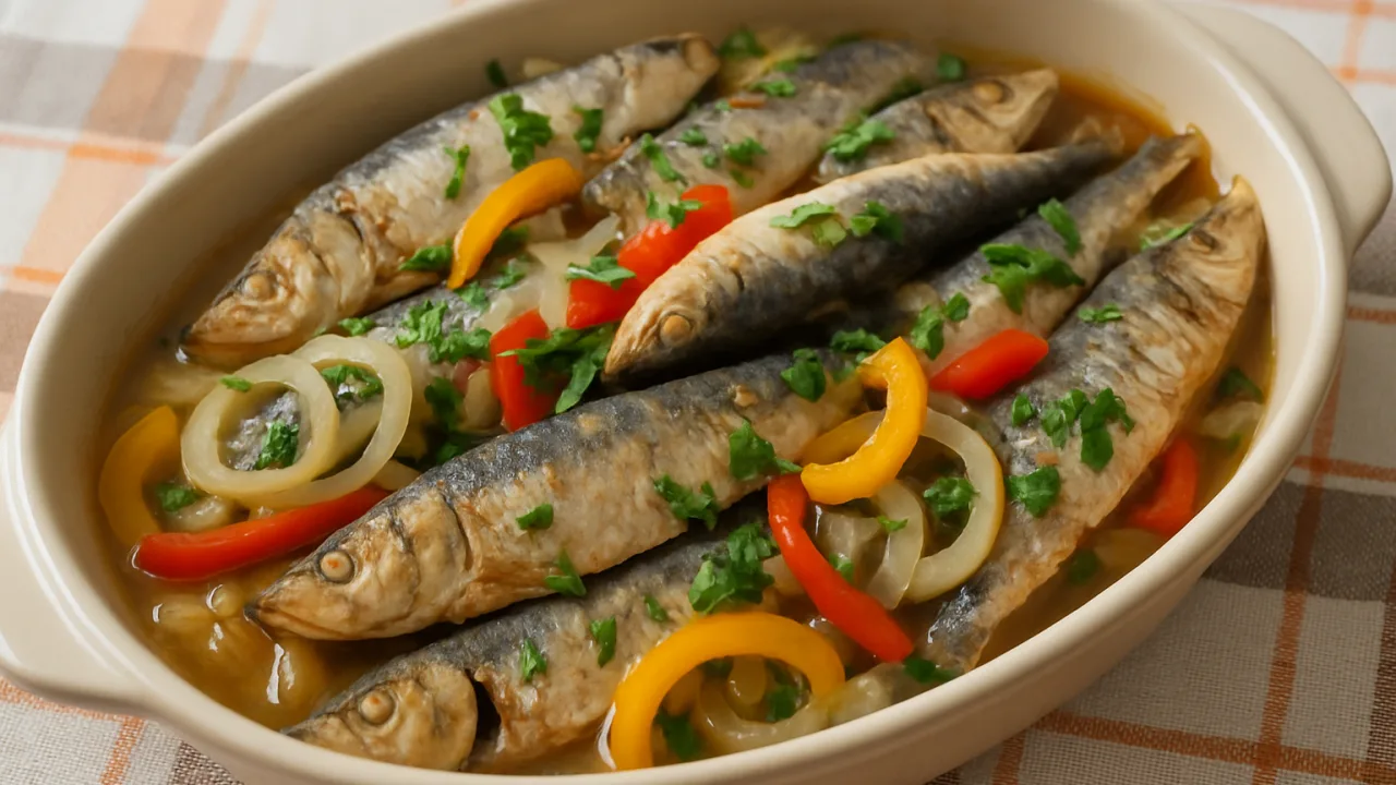 Como fazer sardinha na panela de pressão com cebola e pimentão em travessa caseira.