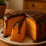 Bolo de cenoura fofinho e alto com calda de chocolate em mesa caseira, aprenda como fazer um bolo de cenoura fofinho.