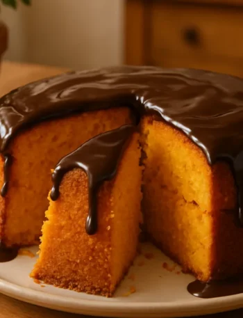 Bolo de cenoura fofinho e alto com calda de chocolate em mesa caseira, aprenda como fazer um bolo de cenoura fofinho.