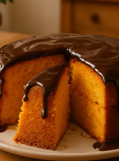 Bolo de cenoura fofinho e alto com calda de chocolate em mesa caseira, aprenda como fazer um bolo de cenoura fofinho.