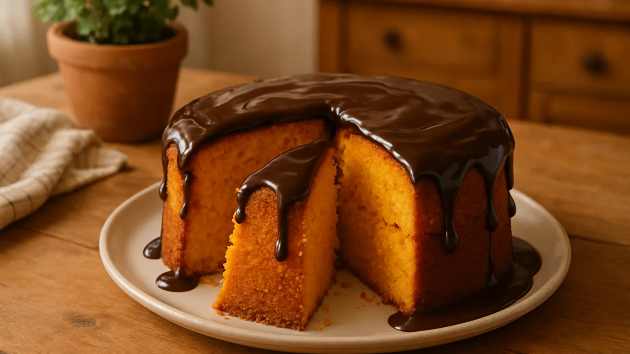Bolo de cenoura fofinho e alto com calda de chocolate em mesa caseira, aprenda como fazer um bolo de cenoura fofinho.