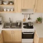 Vista de uma cozinha pequena organizada, com dicas para cozinha pequena