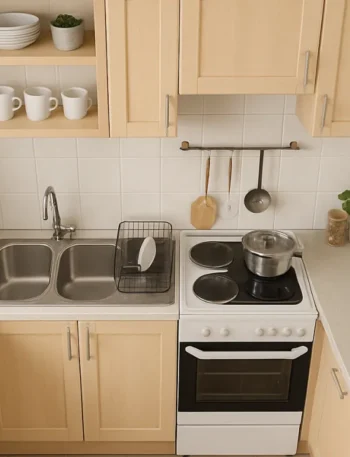 Vista de uma cozinha pequena organizada, com dicas para cozinha pequena