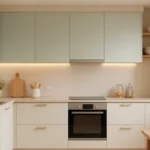 Cozinha moderna e aconchegante com dicas de cores para cozinha em tons pastéis.