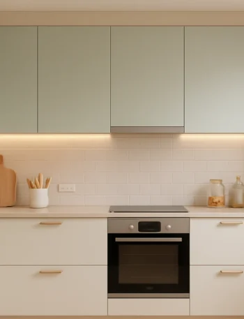 Cozinha moderna e aconchegante com dicas de cores para cozinha em tons pastéis.