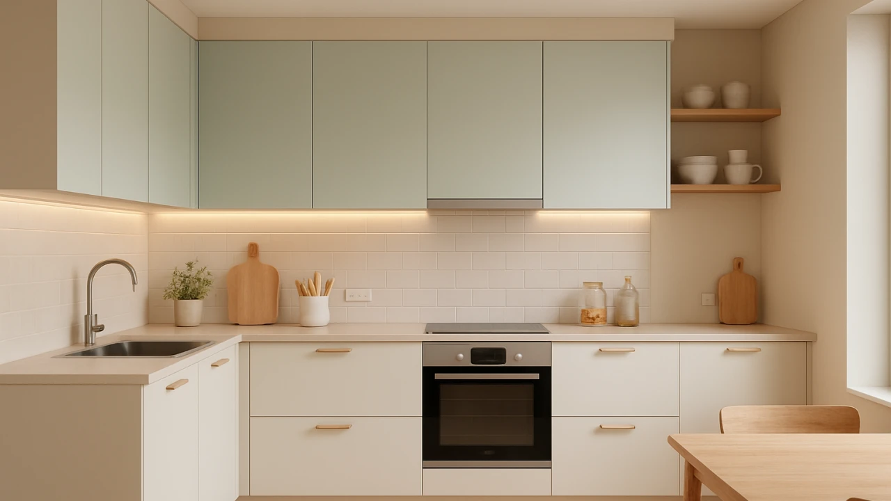 Cozinha moderna e aconchegante com dicas de cores para cozinha em tons pastéis.