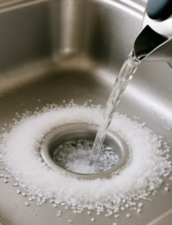 Desentupimento de pia de cozinha inox com sal grosso e água quente, dicas eficientes.