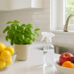 Cozinha iluminada limpa com frutas e dicas para espantar moscas da cozinha de forma natural.