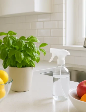 Cozinha iluminada limpa com frutas e dicas para espantar moscas da cozinha de forma natural.