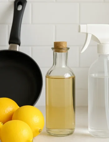 Bancada de cozinha com neutralizador de odores, limões e frigideira ao fundo.