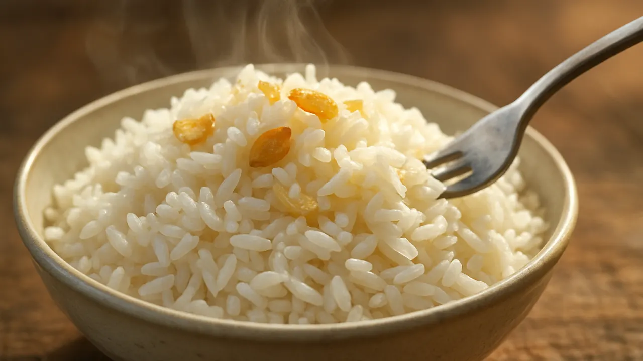 Close-up de tigela branca com arroz branco soltinho e alho, grãos separados e brilhantes com vapor subindo e pedaços de alho dourado por cima — Arroz branco soltinho com alho