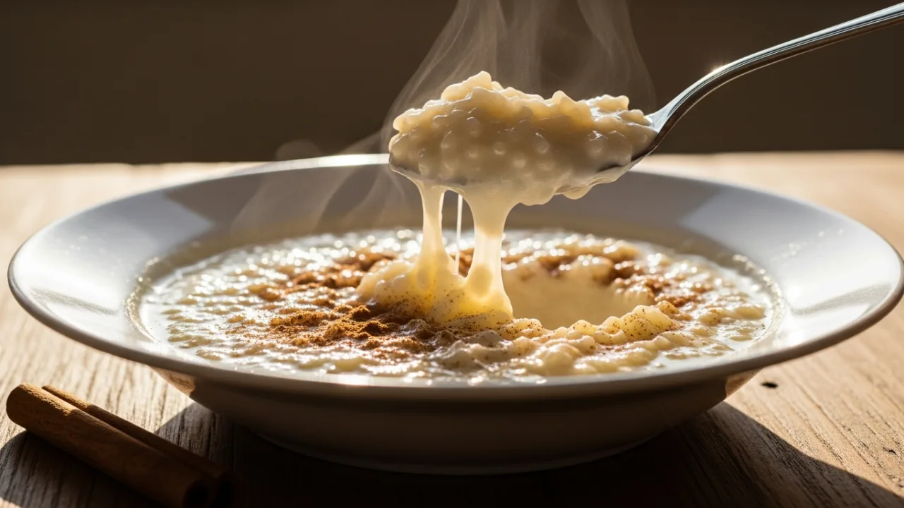 Close-up de uma tigela de arroz de leite cremosíssimo com grãos macios e caldo leitoso, vapor subindo, colher mostrando textura cremosa, polvilhado com canela e pau de canela ao lado — Arroz de leite cremossíssimo