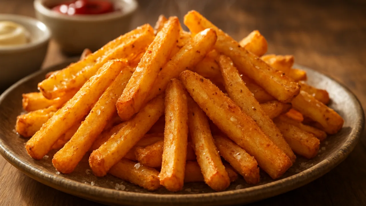 Close-up de batatas fritas douradas e crocantes feitas na airfryer, servidas em prato rústico com cristais de sal e pó de páprica, leve brilho de azeite e uma tigela desfocada de molho ao lado — Como fazer batata frita na airfryer crocante e sequinha