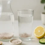 Carafe e copo com água e cristais de sal integral; beneficios da agua com sal integral em destaque
