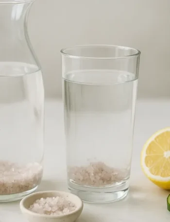 Carafe e copo com água e cristais de sal integral; beneficios da agua com sal integral em destaque