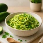 Ninho de zoodles de abobrinha com azeite e limão; benefícios da abobrinha em mesa clara