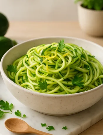 Ninho de zoodles de abobrinha com azeite e limão; benefícios da abobrinha em mesa clara