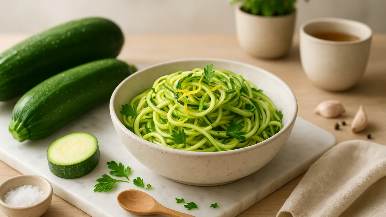Ninho de zoodles de abobrinha com azeite e limão; benefícios da abobrinha em mesa clara