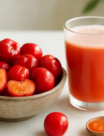Tigela rústica com acerola fresca e suco em copo de vidro; cena de benefícios da acerola na cozinha