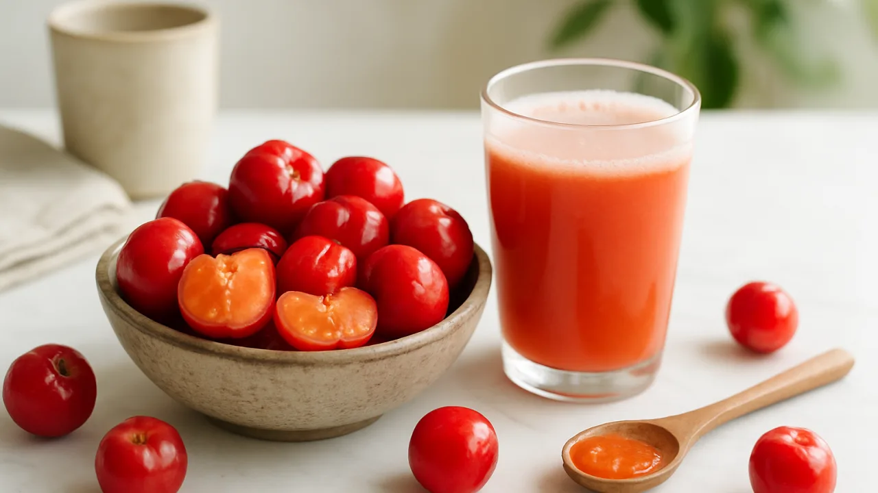 Tigela rústica com acerola fresca e suco em copo de vidro; cena de benefícios da acerola na cozinha