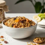 Tigela com granola, sementes e frutas sobre mármore branco, ilustrando os benefícios da granola em uma dieta equilibrada.