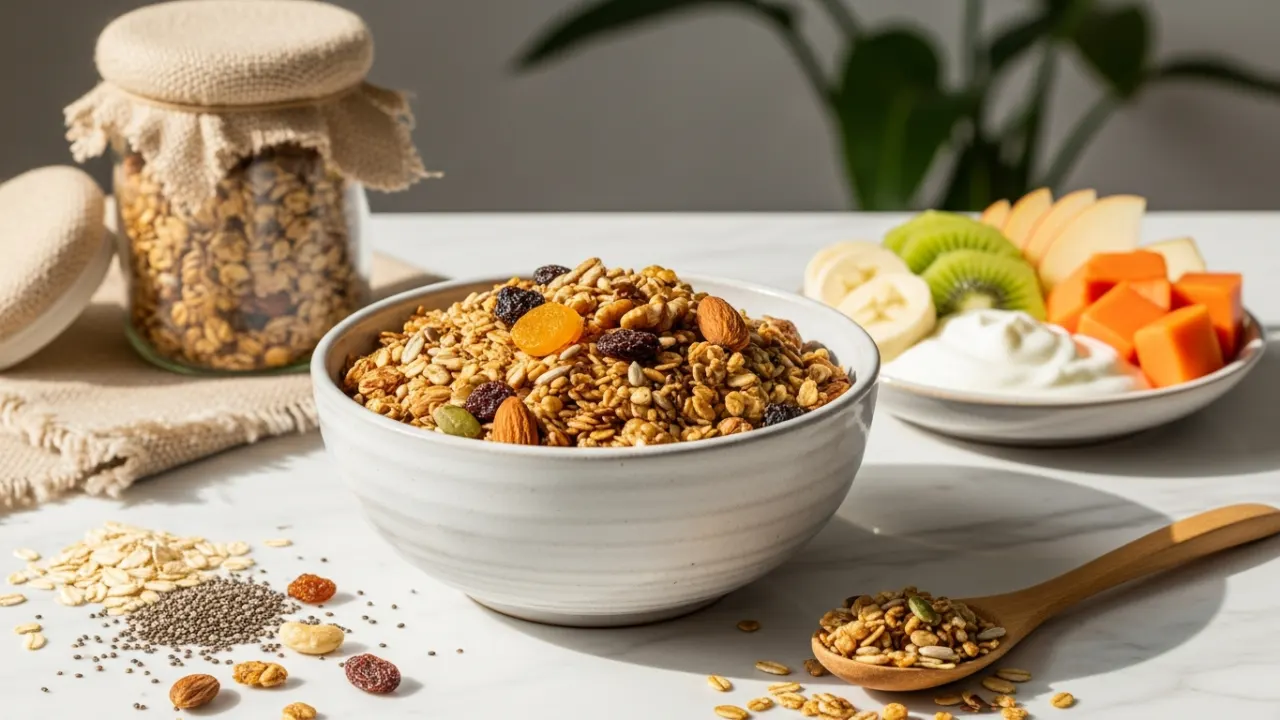 Tigela com granola, sementes e frutas sobre mármore branco, ilustrando os benefícios da granola em uma dieta equilibrada.