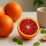 Laranjas Moro inteiras e uma cortada em mármore branco, sugerindo benefícios da laranja moro