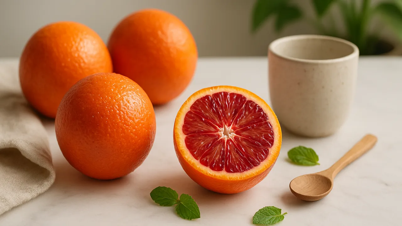 Laranjas Moro inteiras e uma cortada em mármore branco, sugerindo benefícios da laranja moro