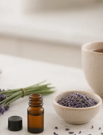 Cena minimalista com chá, lavanda fresca e seca e frasco âmbar, ilustrando benefícios da lavanda na bancada