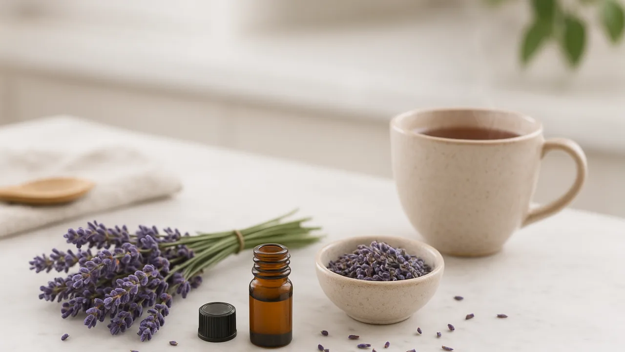 Cena minimalista com chá, lavanda fresca e seca e frasco âmbar, ilustrando benefícios da lavanda na bancada