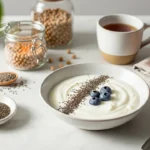 Iogurte grego com chia e mirtilos em bancada de mármore, cena minimalista sobre benefícios da proteína