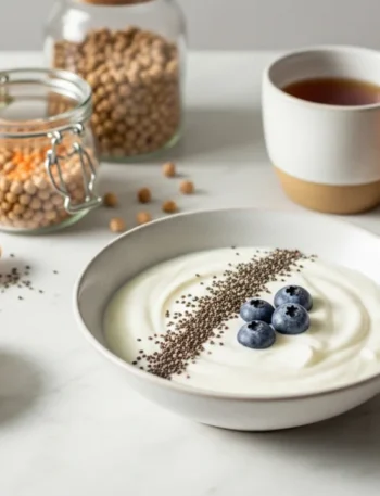 Iogurte grego com chia e mirtilos em bancada de mármore, cena minimalista sobre benefícios da proteína