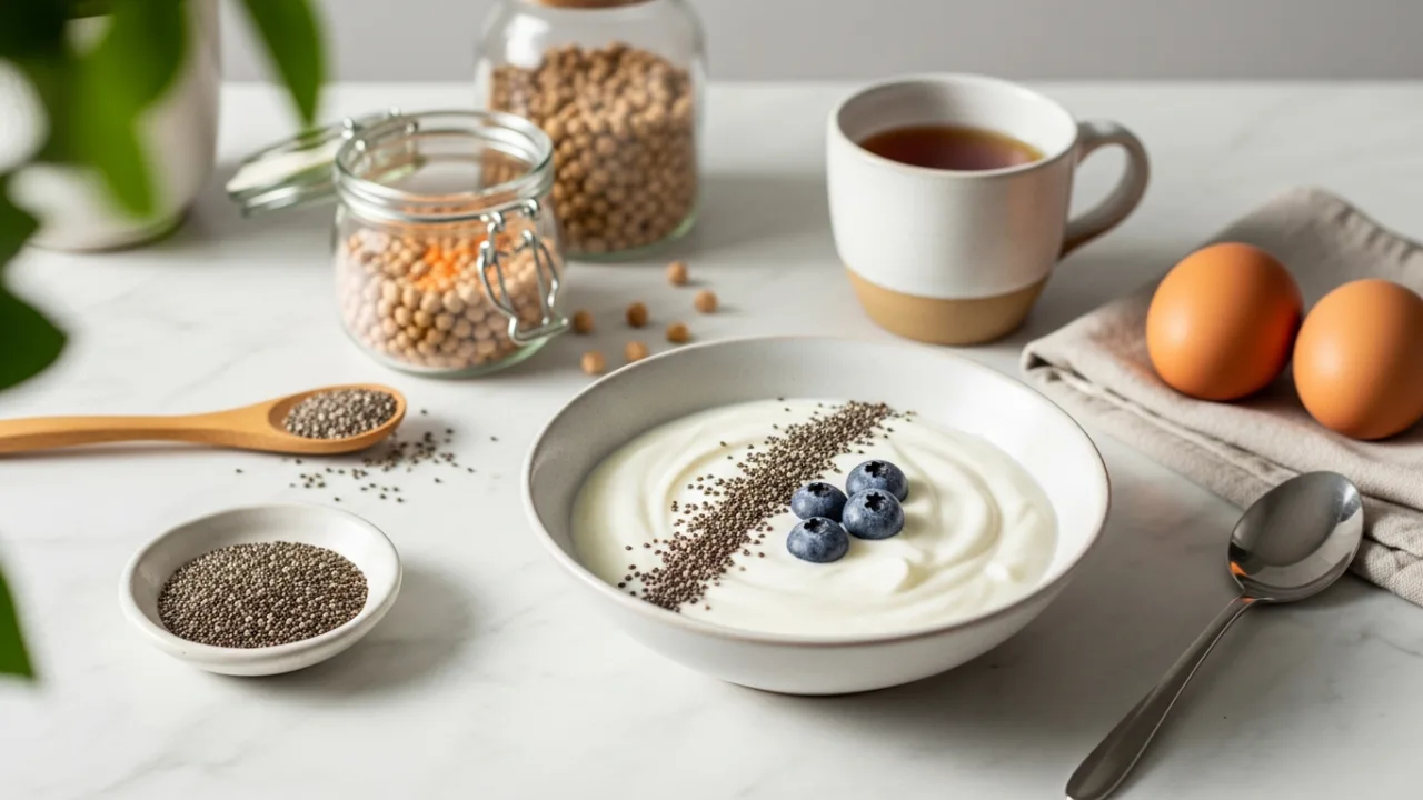 Iogurte grego com chia e mirtilos em bancada de mármore, cena minimalista sobre benefícios da proteína