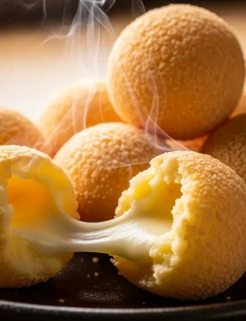 Close-up de várias bolinhas de queijo douradas e crocantes em um prato, com uma delas aberta ao meio mostrando o queijo muçarela derretido e puxando.