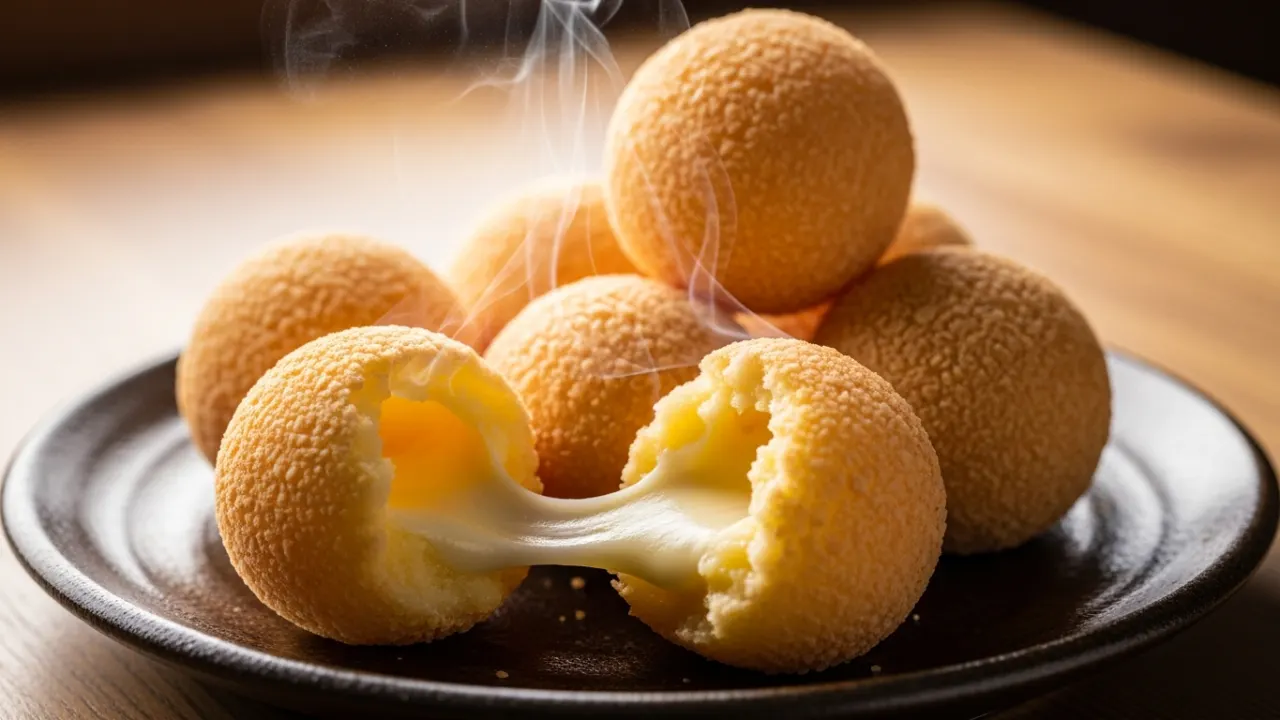 Close-up de várias bolinhas de queijo douradas e crocantes em um prato, com uma delas aberta ao meio mostrando o queijo muçarela derretido e puxando.